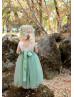 Ivory Lace Sage Green Tulle Vintage Flower Girl Dress With Beaded Sash